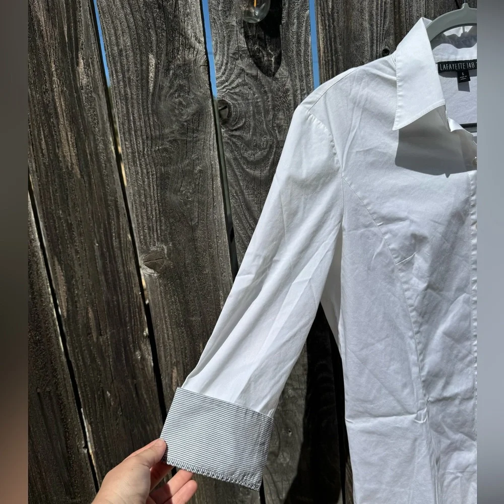 Lafayette 148 New York White Button Down Shirt sz 6 stripped accent sleeve cuffs - Picture 4 of 8